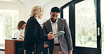 Tablet, business people and team in hotel for discussion,  meeting and hospitality. Technology, lobby and collaboration with workers for travel, networking and help with feedback for trip schedule