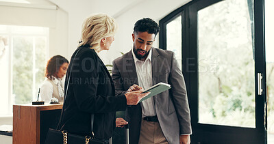Buy stock photo Tablet, business people and team in hotel for discussion,  meeting and hospitality. Technology, lobby and collaboration with workers for travel, networking and help with feedback for trip schedule