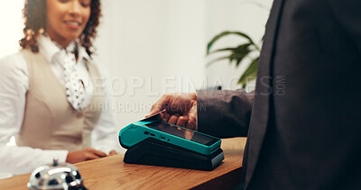 Buy stock photo Hands, credit card and payment with machine at hotel, concierge and booking with hospitality service. People, receptionist and tap at help desk with fintech, POS transaction or reservation at lodge