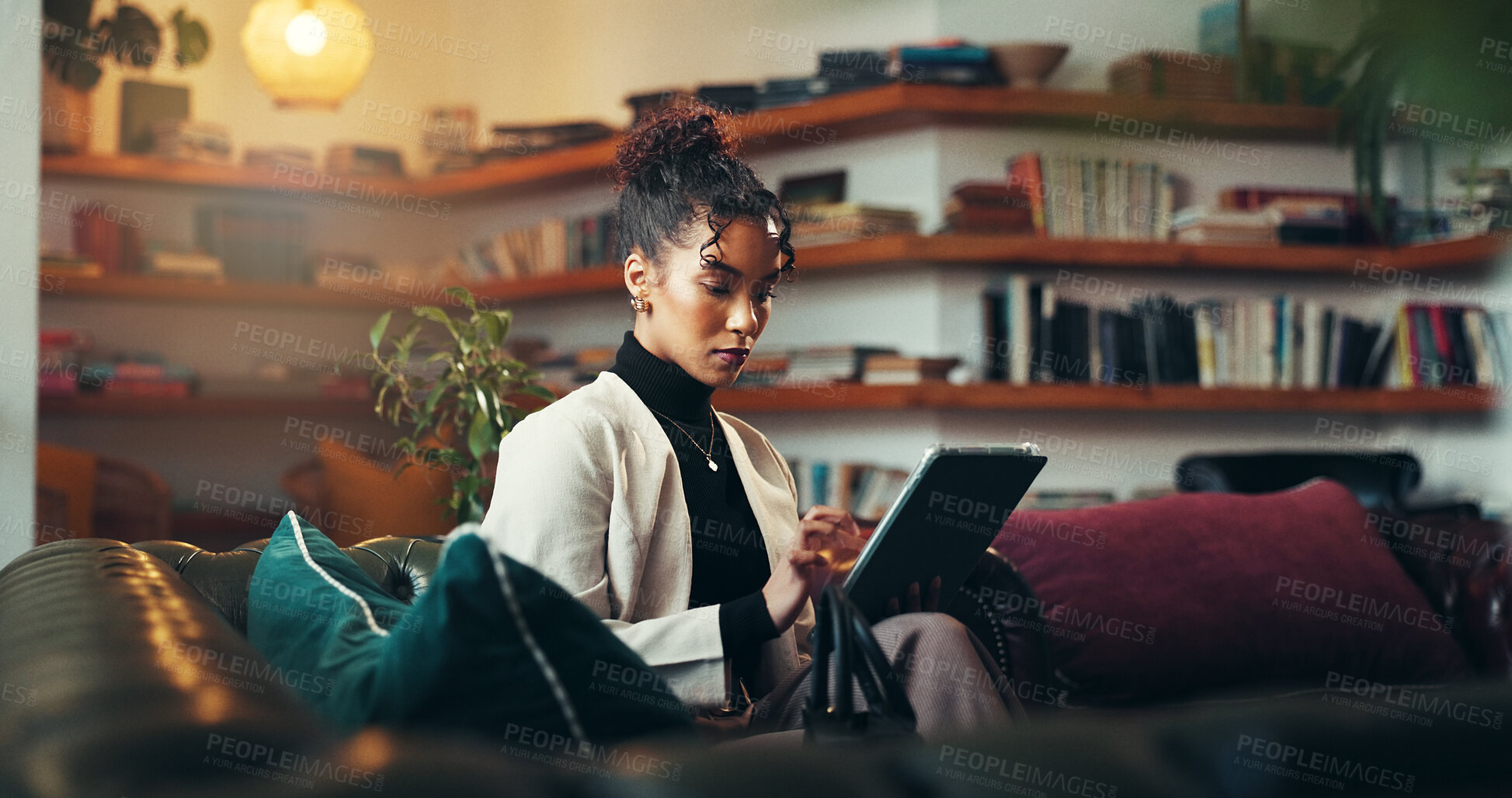 Buy stock photo Tablet, reading and typing with business woman for publishing, editing or planning. Author feedback, media release and proofreading novel with person in creative agency for online review and research