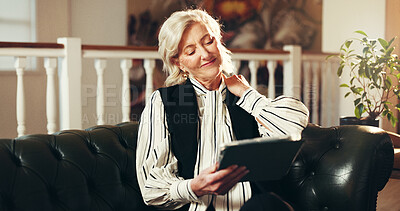 Buy stock photo Business, neck pain and woman in office, tablet and deadline for news report, stress and anxiety. Mature person, editor and employee in workplace, tech and inflammation with muscle ache and sprain