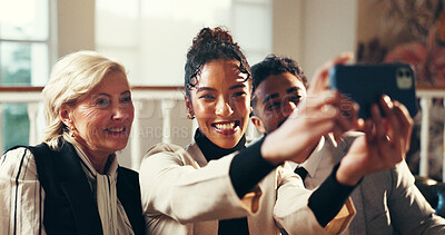 Buy stock photo Business people, team and meeting with selfie for picture, memory or photography in hotel. Excited, group or employees with smile for capture moment, travel or waiting together in luxury lodge