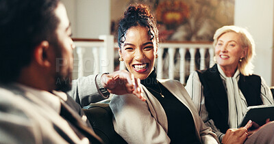 Buy stock photo Happy, business people or meeting with communication for social chat or team building in office. Group, employees or laughing with smile, humor or tablet for friendly discussion, funny joke or comedy