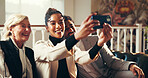 Business people, team and meeting with selfie for photography, picture or memory on sofa. Excited, group or employees with smile for capture moment, travel or waiting together in luxury lodge