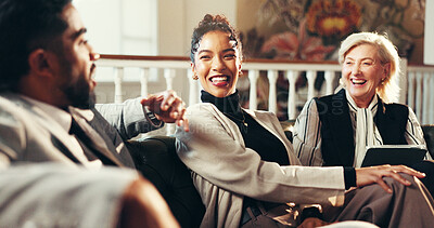 Buy stock photo Happy, business people and meeting with tablet on sofa for social chat or team building in office. Group, employees or laughing with smile or technology for friendly discussion, funny joke or humor