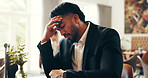 Stress, headache and business man in airport lounge for overbooked flight, jet lag and fatigue. Travel anxiety, schedule crisis and tired with frustrated person for departure delay and ticket error
