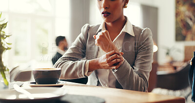 Buy stock photo Business, wrist pain and woman in cafe, joint injury or carpal tunnel syndrome with burnout. Closeup, person or corporate professional in restaurant, inflammation or stress with muscle ache or sprain