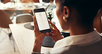 Business woman, phone screen and menu in restaurant for choice, decision or lunch break. App, food and order selection with customer at table for cafe, coffee shop or hospitality service for user