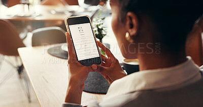 Buy stock photo Business woman, phone screen and menu in restaurant for choice, decision or lunch break. App, food and order selection with customer at table for cafe, coffee shop or hospitality service for user