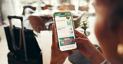 Buy stock photo Travel, research and phone screen with hands of woman for holiday planning, blog and tourism. Vacation website, destination guide and newsletter with person in airport lounge for accommodation review