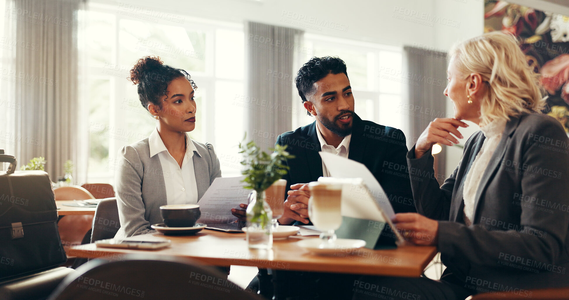 Buy stock photo Discussion, coffee and business people in cafe with documents and tablet for investment planning. Cappuccino, meeting and team of finance advisors with manager for stock market research in restaurant
