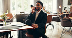Airport lounge, business man and laugh with phone call for journey, joke or trip. Mobile, funny and worker with conversation for travel plan, flight and corporate discussion for networking in lobby