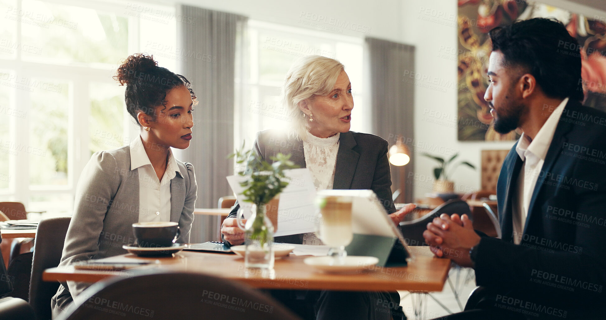 Buy stock photo Meeting, coffee and business people in cafe with documents and tablet for investment planning. Cappuccino, discussion and team of finance advisors with manager for stock market research in restaurant
