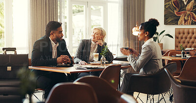 Buy stock photo Meeting, coffee and business people in cafe with discussion for investment planning in collaboration. Cappuccino, conversation and finance advisors with manager for corporate review in restaurant.