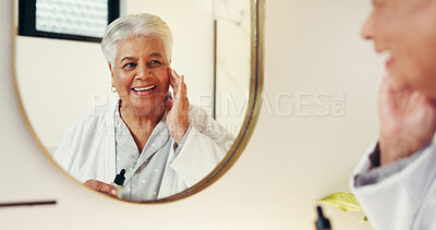 Buy stock photo Serum, skincare and mirror with old woman in bathroom for beauty, anti aging and cosmetics. Collagen treatment, facial product and dermatology with elderly person in home for glow and self care