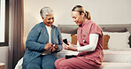 Nurse, blood test and medical with old woman in bedroom for diabetes, advice and support. Consulting, glucose levels and healthcare with caregiver and patient in nursing home for retirement and trust