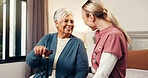 Caregiver, senior woman and walking stick in nursing home for assisted living, homecare and help. Happy patient, nurse and talking in bedroom for healthcare, frail care and support in retirement