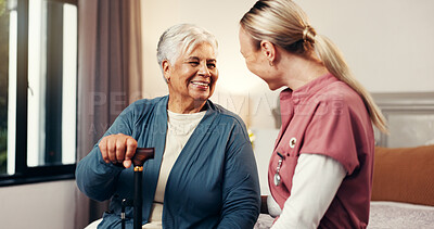 Buy stock photo Caregiver, senior woman and walking stick in nursing home for assisted living, homecare and help. Happy patient, nurse and talking in bedroom for healthcare, frail care and support in retirement