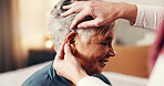 Hands, elderly woman and hearing aid with nurse, smile or help with fitting in retirement home. Senior person, caregiver and medical audio tech for patient with disability, deaf or implant in bedroom