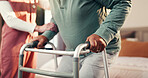 Caregiver, hands or old person with walker for support, rehabilitation or balance at bed. Assisted living, nurse and senior patient with disability at walking frame for help, mobility or care in home
