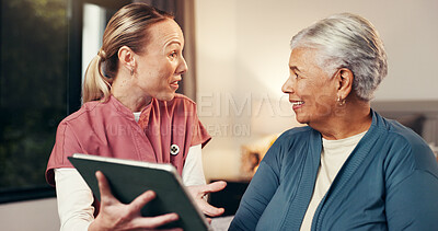 Buy stock photo Smile, nurse and tablet with senior woman for good news, medical report and diagnosis results. Digital, caregiver and elderly person for consultation, insurance cover and treatment progress at house