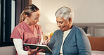 Happy, nurse and tablet with senior woman for good news, medical report and diagnosis results. Digital, caregiver and elderly person for consultation, insurance cover and treatment progress at house