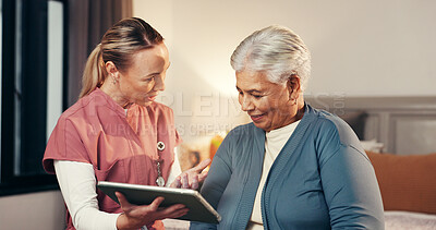 Buy stock photo Happy, nurse and tablet with senior woman for good news, medical report and diagnosis results. Digital, caregiver and elderly person for consultation, insurance cover and treatment progress at house
