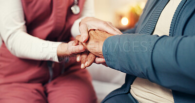 Buy stock photo Caregiver, senior person and holding hands in home for medical service, kindness and homecare. Assisted living, empathy and nurse with comfort to elderly patient for healthcare support and compassion