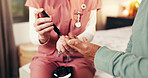 Nursing home, hands and insulin for senior patient, caregiver and treatment for diabetes or illness. Healthcare, elderly person and injection to lower blood glucose levels, homecare or nurse with pen