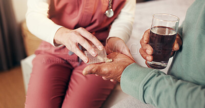 Buy stock photo Nurse, help and pills with hands of old person in bedroom for medicine, treatment and support. Medical, drink and healthcare with caregiver and patient in nursing home for retirement and vitamins
