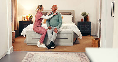 Buy stock photo Nurse, support and clothes with old man in bedroom for dressing, advice and help. Getting ready, morning routine and healthcare with caregiver and patient in nursing home for retirement and trust