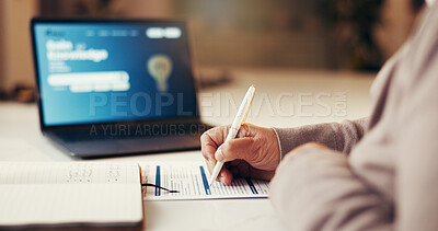 Buy stock photo Senior person, hands and signature on documents, form or application for retirement or life insurance policy. Pensioner, laptop and filling in paperwork with writing, legal agreement or notes in home