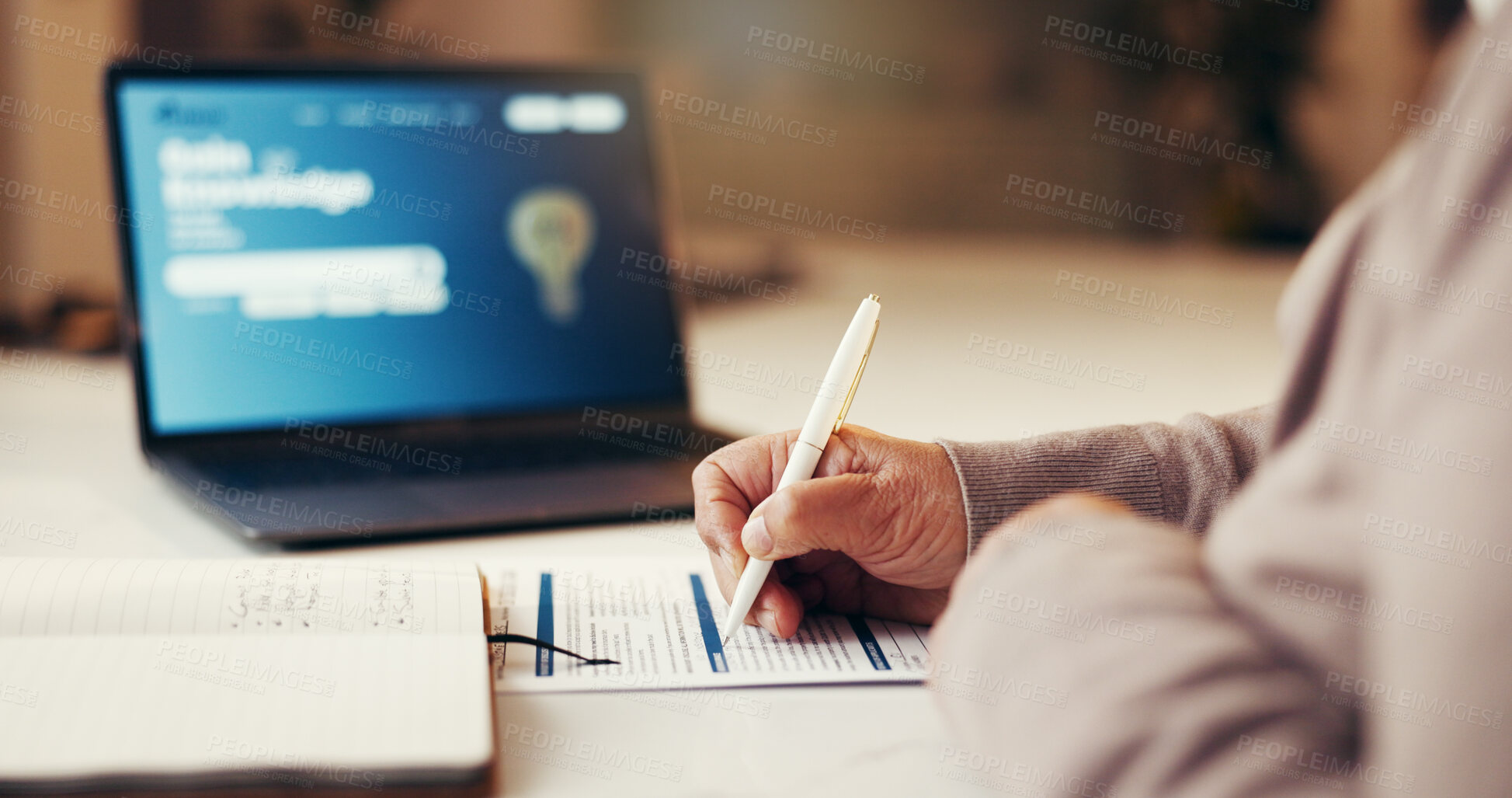 Buy stock photo Senior person, hands and signature on documents, form or application for retirement or life insurance policy. Pensioner, laptop and filling in paperwork with writing, legal agreement or notes in home