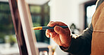 Hands, senior person and painting on canvas for art, drawing process and sketch artwork. Elderly man, paintbrush and easel of craft creation, diy activity and masterpiece for creative project in home