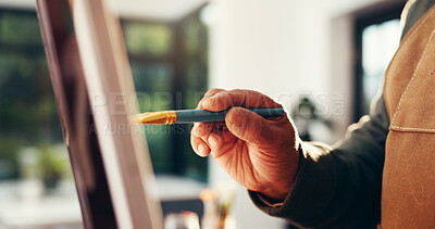 Buy stock photo Hands, senior person and painting on canvas for art, drawing process and sketch artwork. Elderly man, paintbrush and easel of craft creation, diy activity and masterpiece for creative project in home