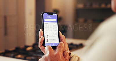 Buy stock photo Hands, senior person and phone screen in home with app, research and doctor communication. Elderly man, display and reading on tech with telehealth, browsing online and information for retirement