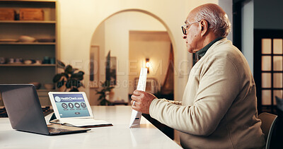 Buy stock photo Senior person, tech and review with documents, form or application for retirement or life insurance policy. Pensioner, laptop and paperwork with planning, legal agreement or registration in home