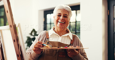 Buy stock photo Senior woman, painter and portrait in home with artwork, tools and canvas for inspiration in retirement. Elderly person, artist and paint brush with hobby, smile or creative talent at house in Mexico