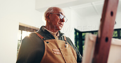 Buy stock photo Senior man, painting and canvas at house for art, drawing process and sketch for artwork. Artist, elderly person and easel with creative design, creating craft and unique piece for retirement hobby