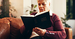 Home, reading and senior woman with bible for relax with worship, faith and spiritual wellness. Christian, religion and elderly female person with study holy book for learning gospel in living room.
