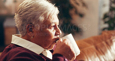 Buy stock photo Thinking, relax and coffee with old woman on sofa for reflection, peace and morning caffeine. Vision, beverage and calm with elderly person and drink in living room of home for perspective and rest