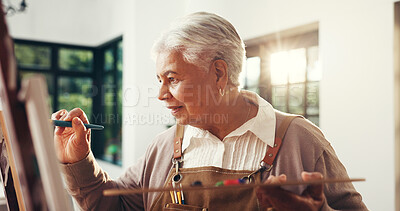 Buy stock photo Elderly woman, creative and artist painting for craft, talent and art with sketch in home. Retirement hobby, painter and canvas for artwork, inspiration or senior person drawing with brush in house