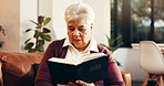 Religion, reading and senior woman with bible in home for worship, faith and spiritual wellness. Christian, relax and elderly female person with studying holy book for learning gospel in living room.