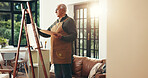 Senior man, painting and canvas for art, drawing process and sketch for artwork. Artist, elderly person and palette with creative design of craft, unique piece and activity exhibition project in home