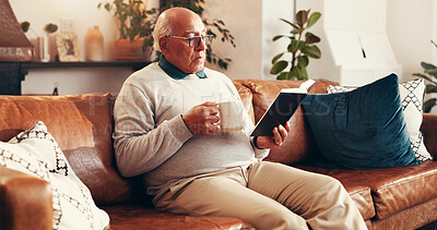 Buy stock photo Coffee, reading and senior man with bible in home for worship, faith and spiritual wellness. Relax, religion and elderly male person with studying holy book for learning gospel in living room.