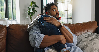 Father, relax and baby on shoulder at house for sleeping, nap time and bonding together on sofa. Man, rest and embrace with tired child for love, family security and dreaming with kid growth on couch