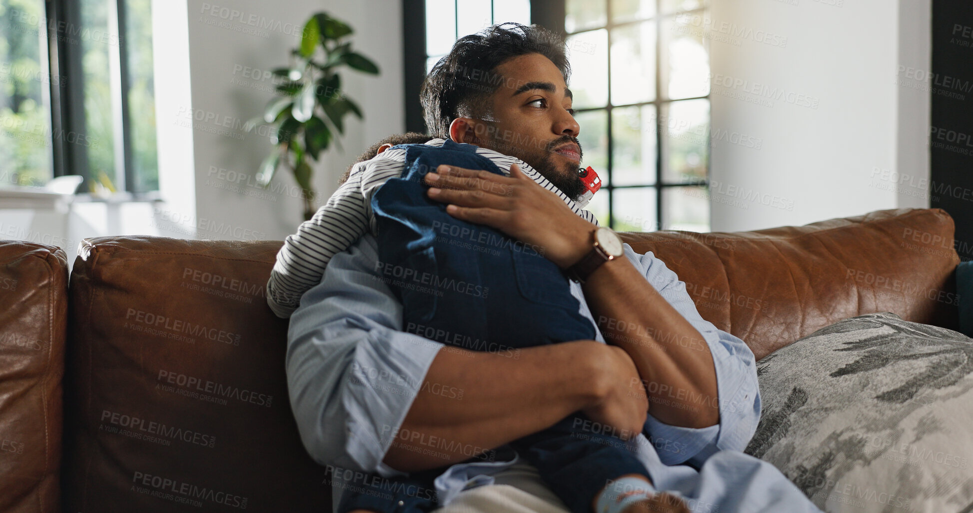 Buy stock photo Father, relax and baby on shoulder at house for sleeping, nap time and bonding together on sofa. Man, rest and embrace with tired child for love, family security and dreaming with kid growth on couch