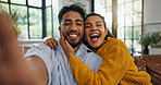 Home, selfie and couple on sofa, funny and bonding together with happiness, love and smile in living room. Apartment, man or woman with profile picture, relax and relationship with memory and humor
