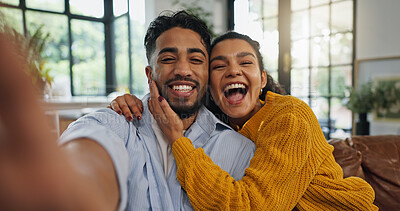 Buy stock photo Home, selfie and couple on sofa, funny and bonding together with happiness, love and smile in living room. Apartment, man or woman with profile picture, relax and relationship with memory and humor