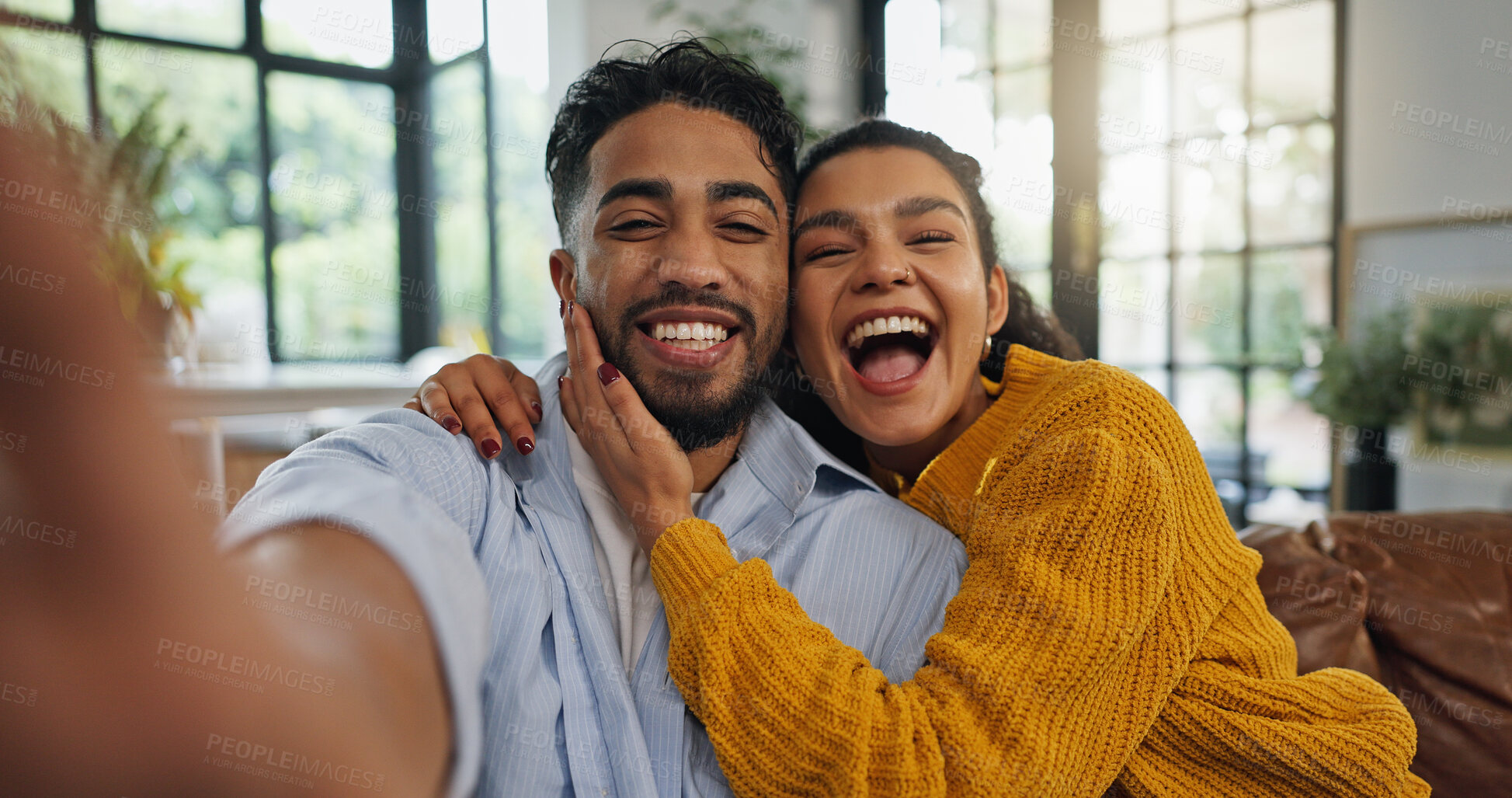 Buy stock photo Home, selfie and couple on sofa, funny and bonding together with happiness, love and smile in living room. Apartment, man or woman with profile picture, relax and relationship with memory and humor